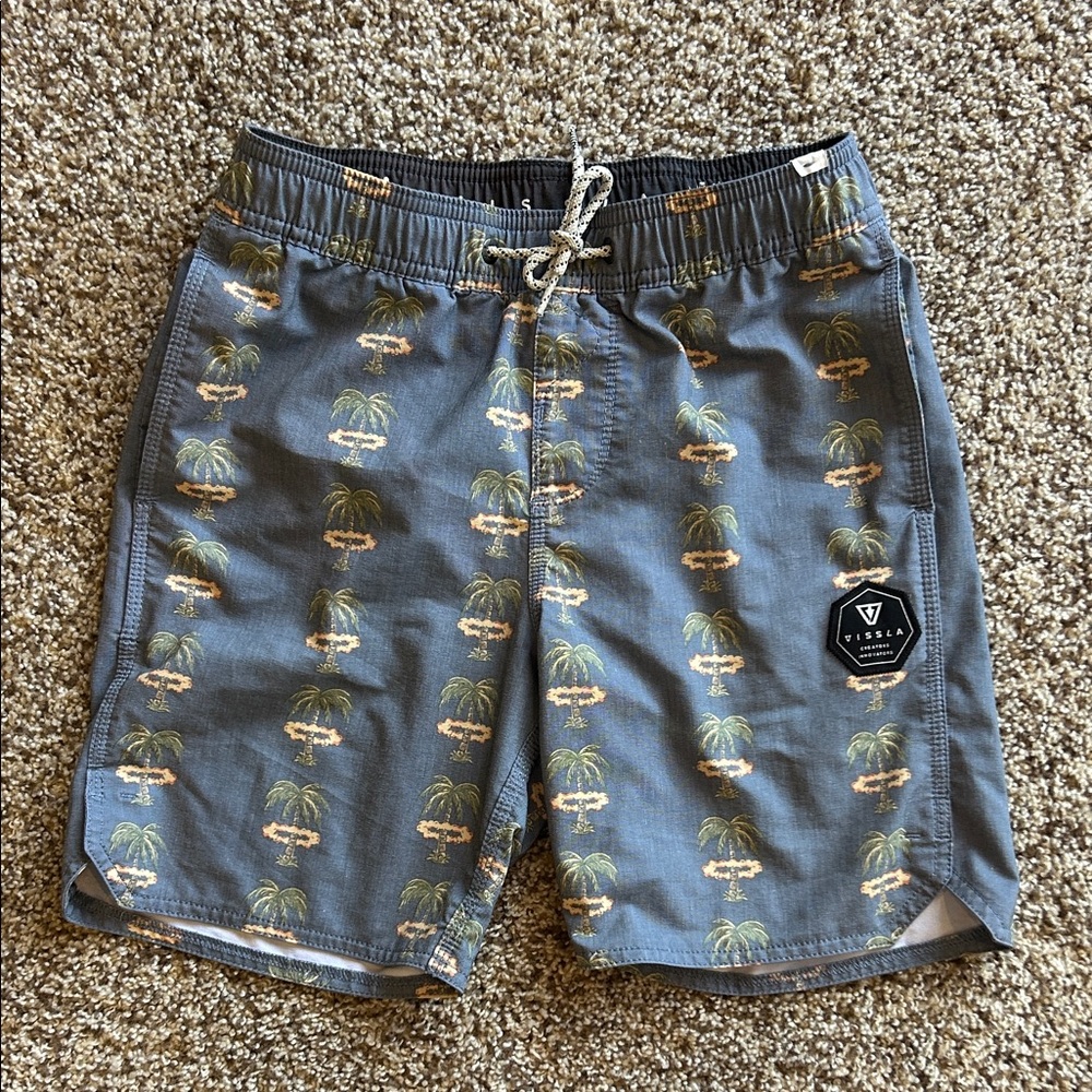 VISSLA Blue Swim Shorts with Green & Tan Palm Print